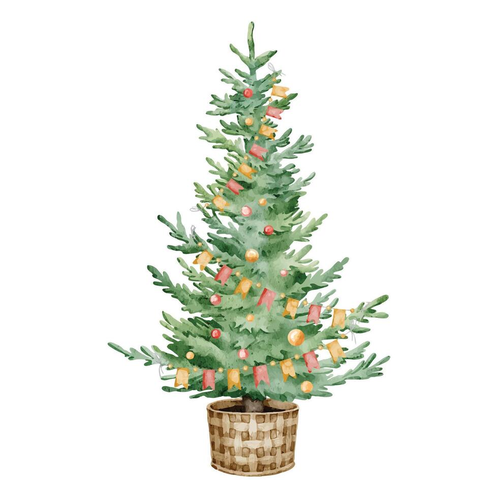 Watercolor Christmas Tree with garlands and lights in a wicker basket. Hand drawn Illustration for Holiday Greeting Cards and New Year Invitations on isolated background. Drawing of evergreen Fir tree vector