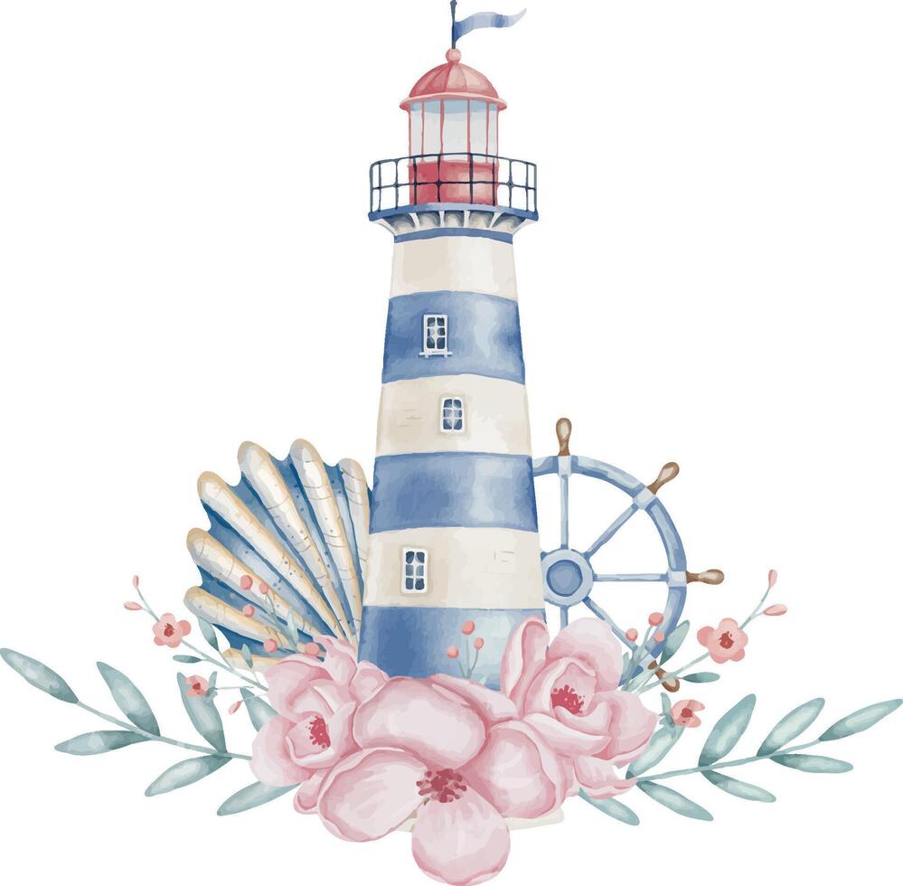 Watercolor Lighthouse floral Illustration with steering wheel, seashell and pink roses. Drawing of Light House in pastel colors for Baby design in Nautical style. Art of Beacon with roses for Cards. vector