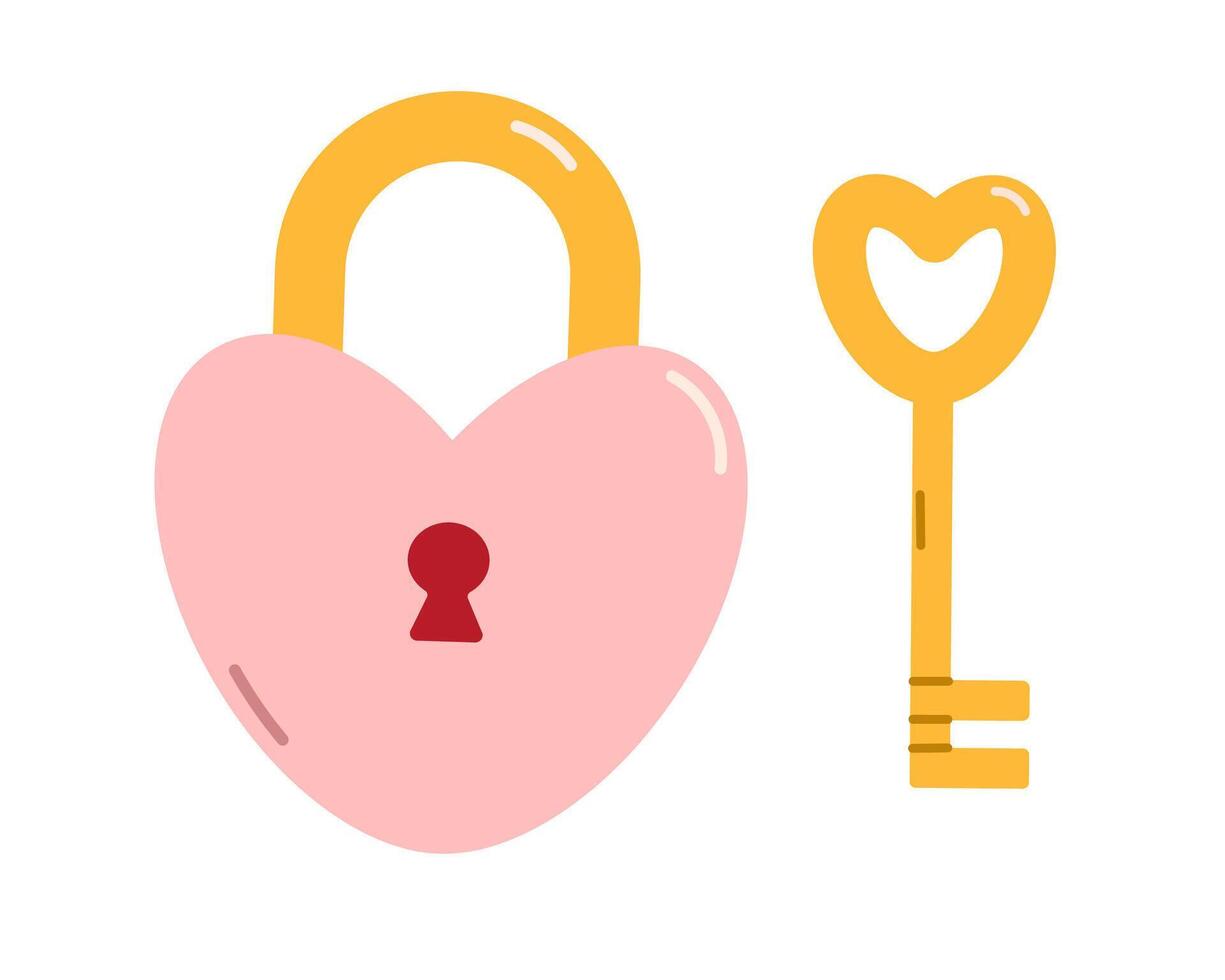 Heart lock and key decoration for Valentine's day. Flat isolated illustration vector