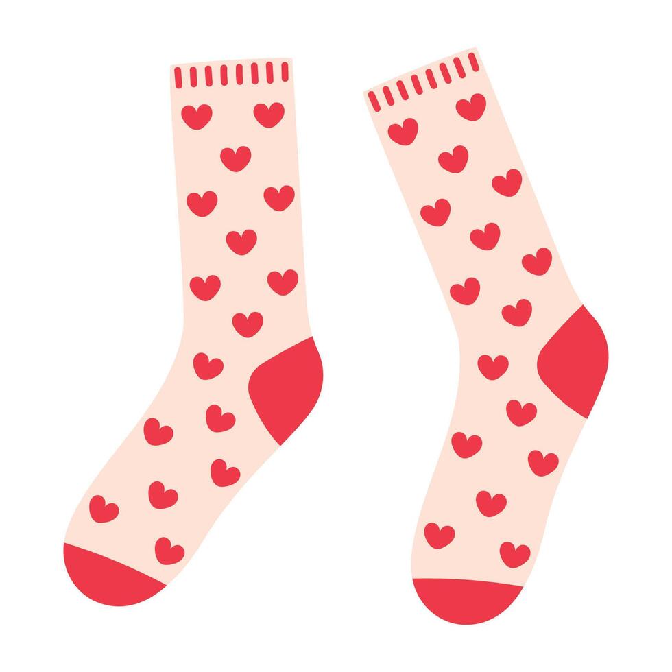 Socks pair with red hearts. Valentines Day concept. Flat isolated illustration vector