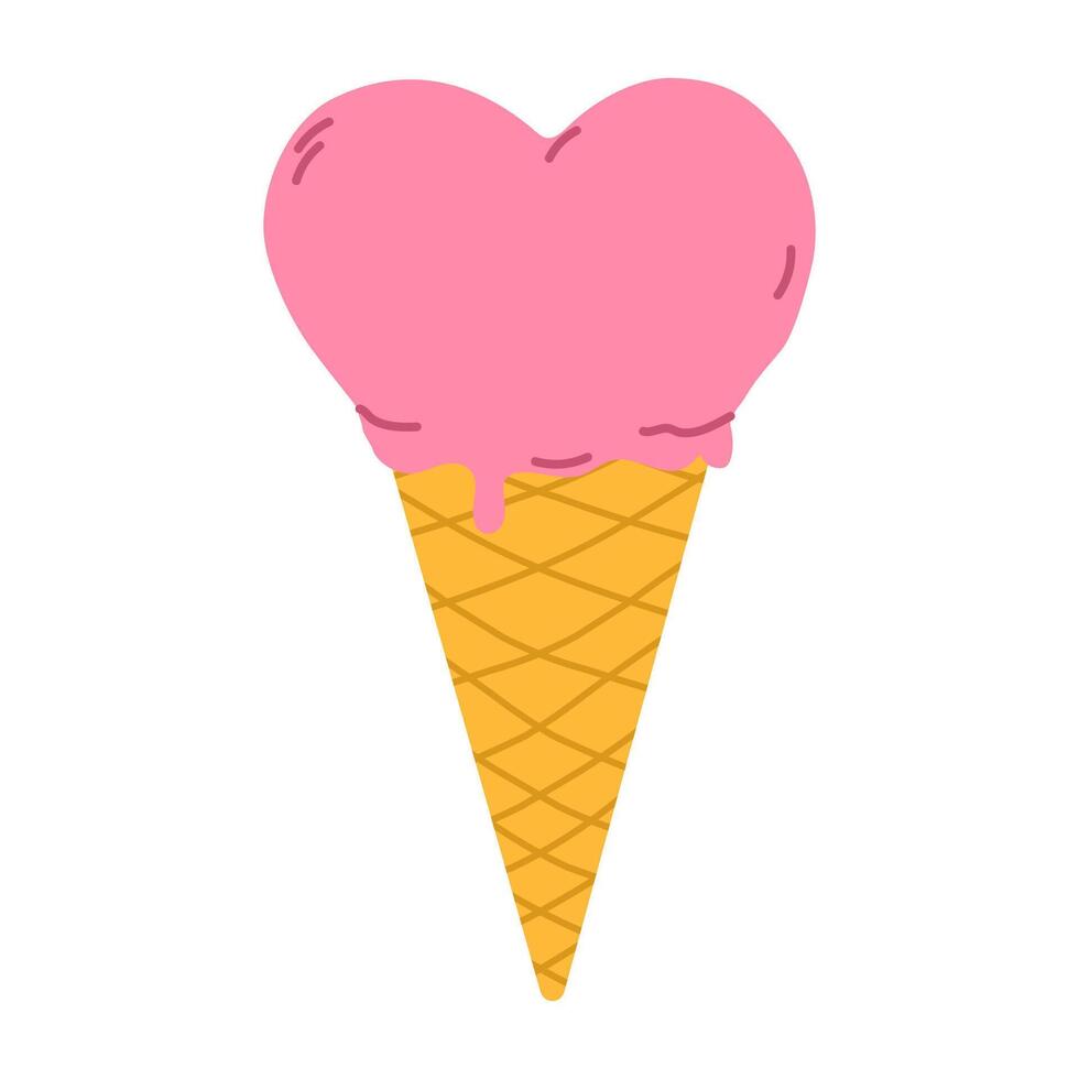 Heart shaped ice cream cone. Valentines day and love date concept. Flat isolated illustration vector