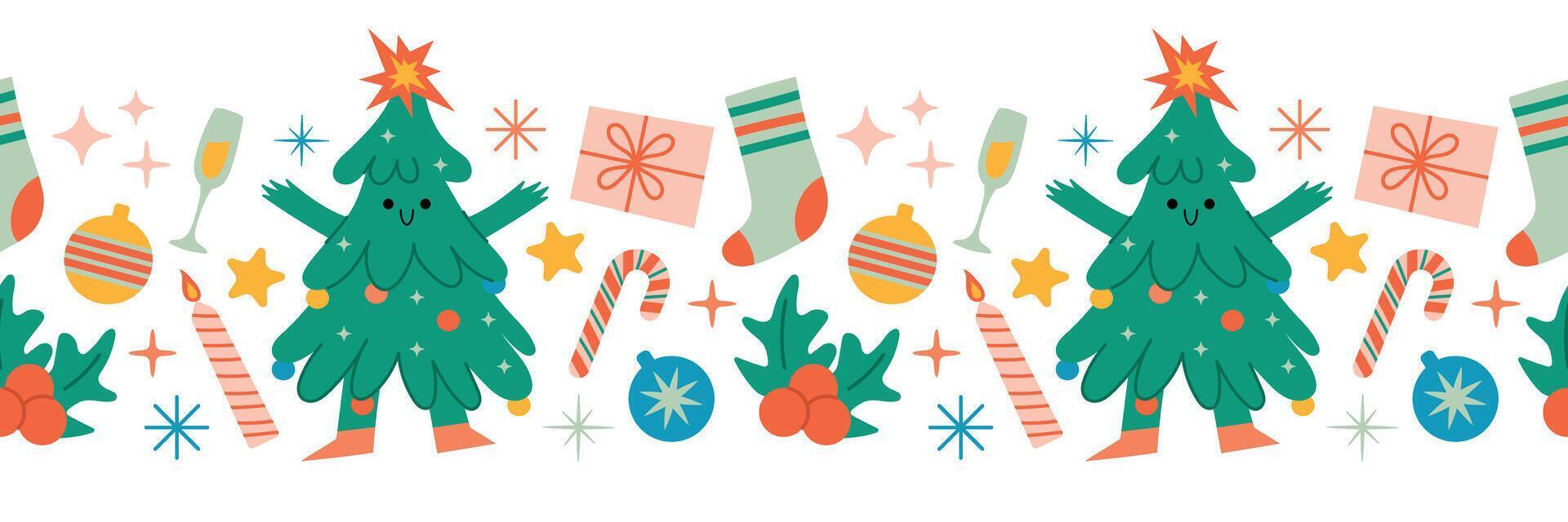 Christmas seamless border. Funny Christmas tree, character, glass, holly, sock and other holiday elements. Isolated illustration for banner, packaging, background, greeting card or template vector