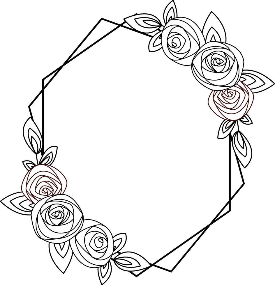 Floral patterned frame with floral elements, twigs and leaves. Hand drawn illustration in line art style for wedding invitations, cards and more. vector
