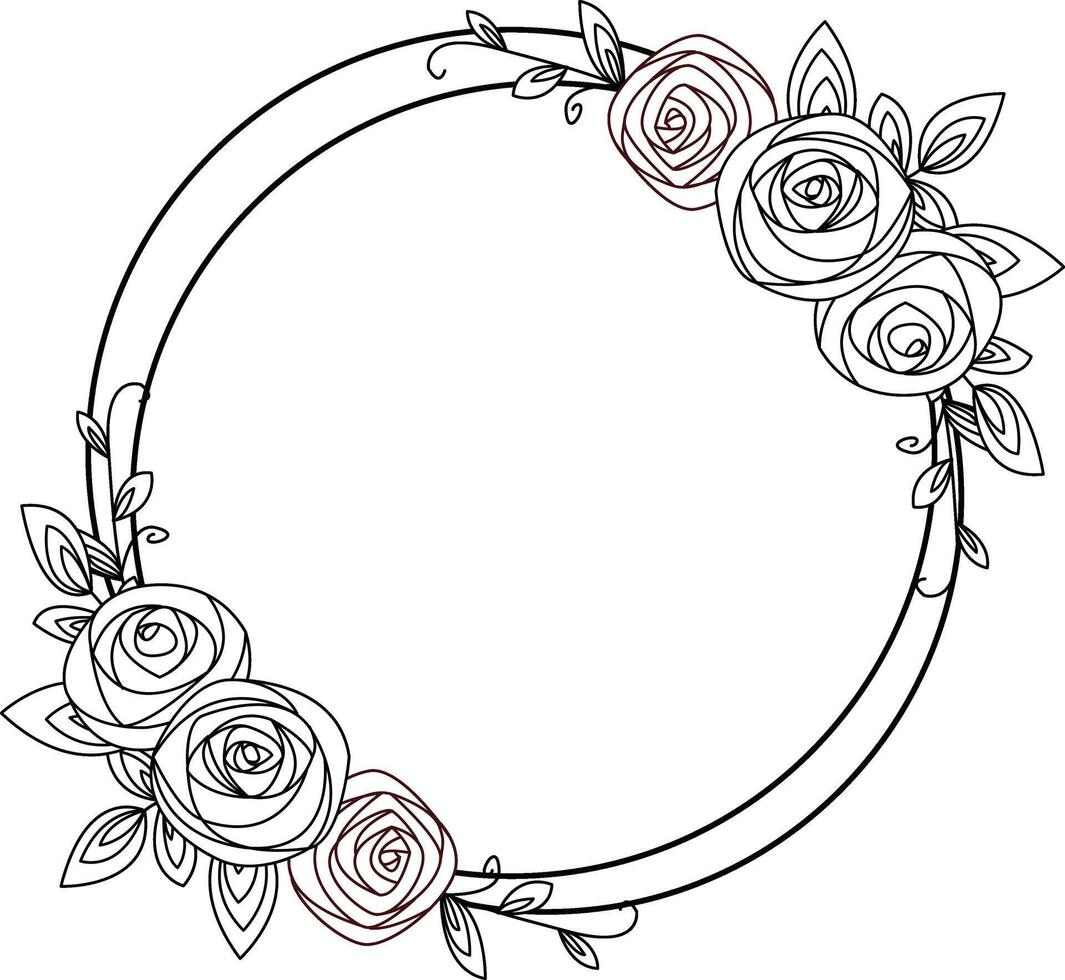 Floral patterned frame with floral elements, twigs and leaves. Hand drawn illustration in line art style for wedding invitations, cards and more. vector