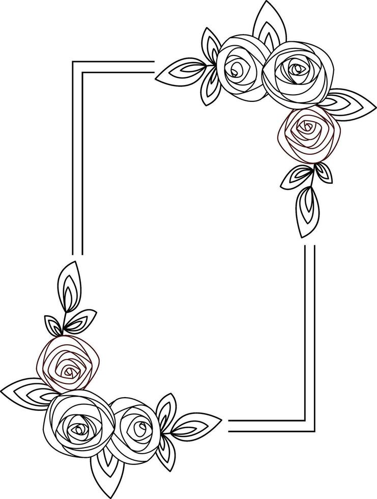 Floral patterned frame with floral elements, twigs and leaves. Hand drawn illustration in line art style for wedding invitations, cards and more. vector
