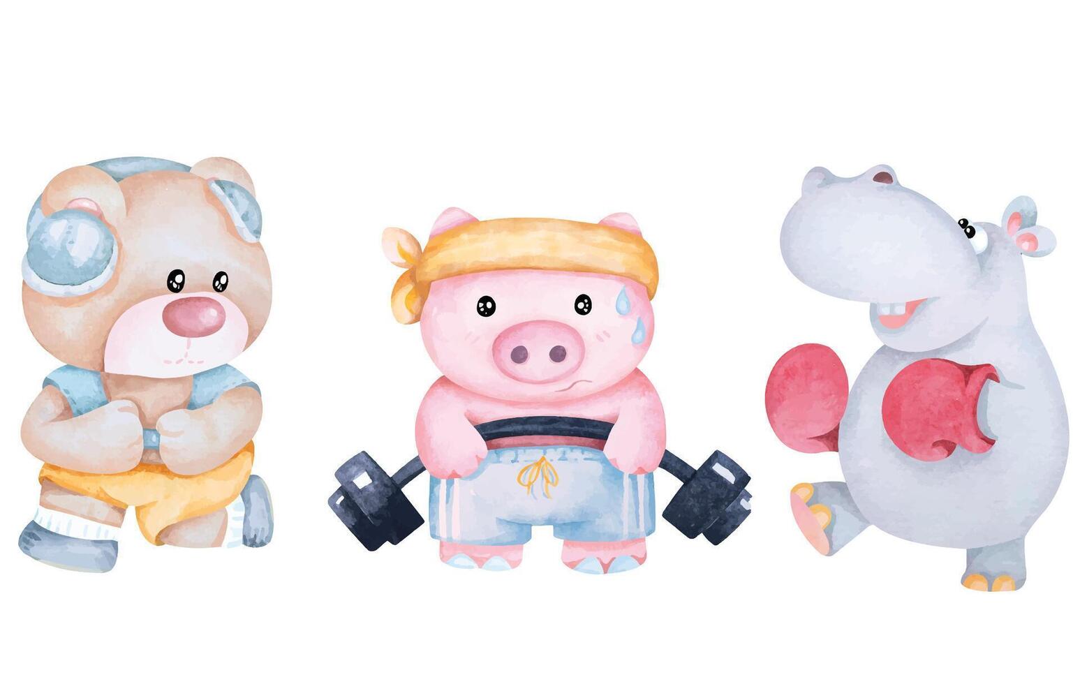 Cartoon pig, bear, hippopotamus exercising. Drawn with watercolor.Animal cute lifting dumbbell, run,boxing. vector