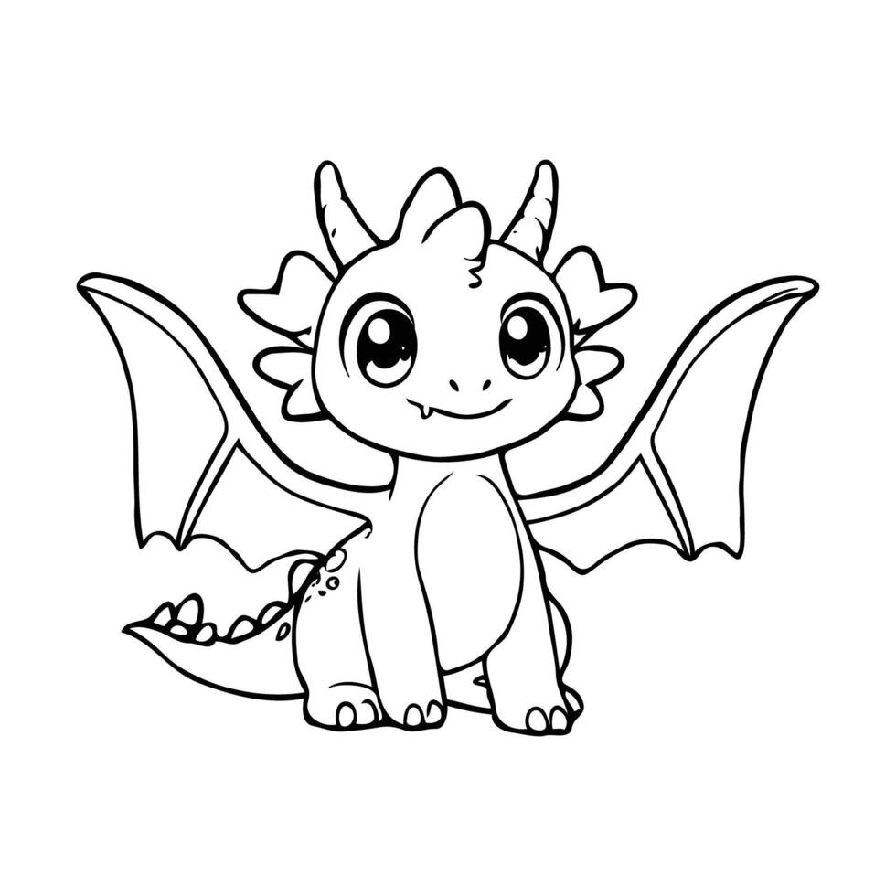 Cute Cartoon Dragon with Big Eyes for Kids Coloring Page Black and White vector