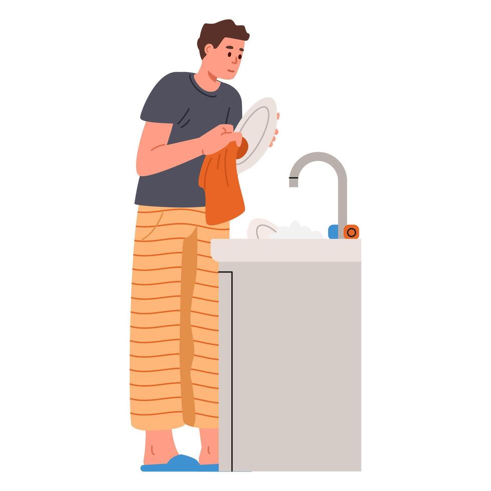 Man standing near sink wipes the plates with a towel flat illustration isolated on white. House chores. vector