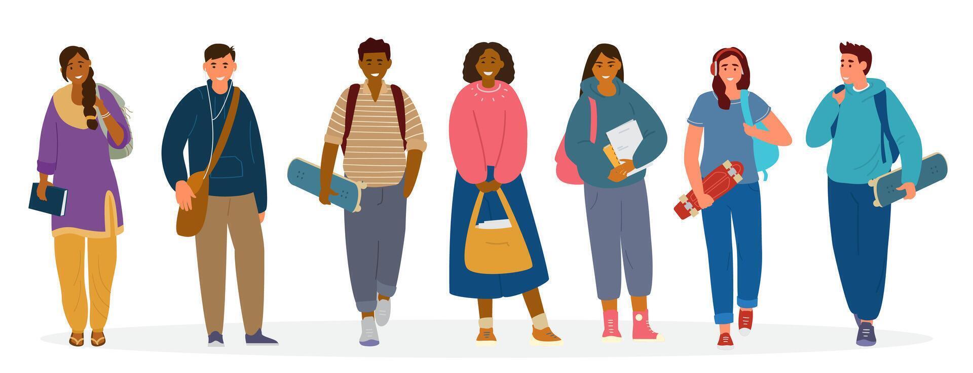 Multiethnic Group Of Students, Teenagers With Books, Backpacks, Skateboards. Flat Illustration Isolated On White. vector
