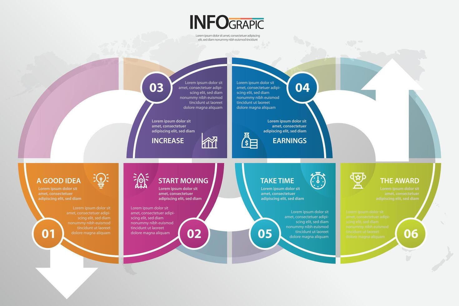 Infographic illustrating a six-step process for business growth and development featuring clear visual elements vector
