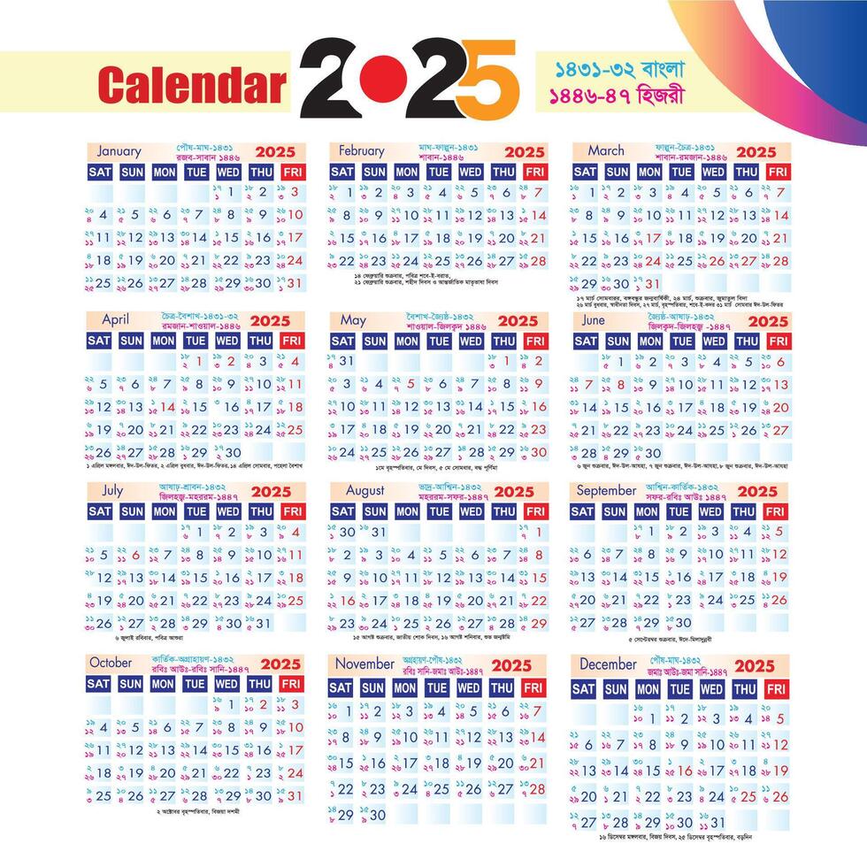Calendar 2025 English, Bengali and Arabic Date started at Sunday vector