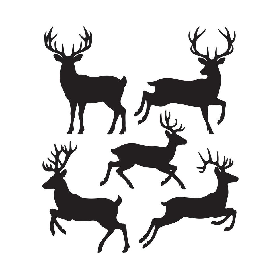 Set of wild deer silhouettes in flat style isolated on white background. illustration vector
