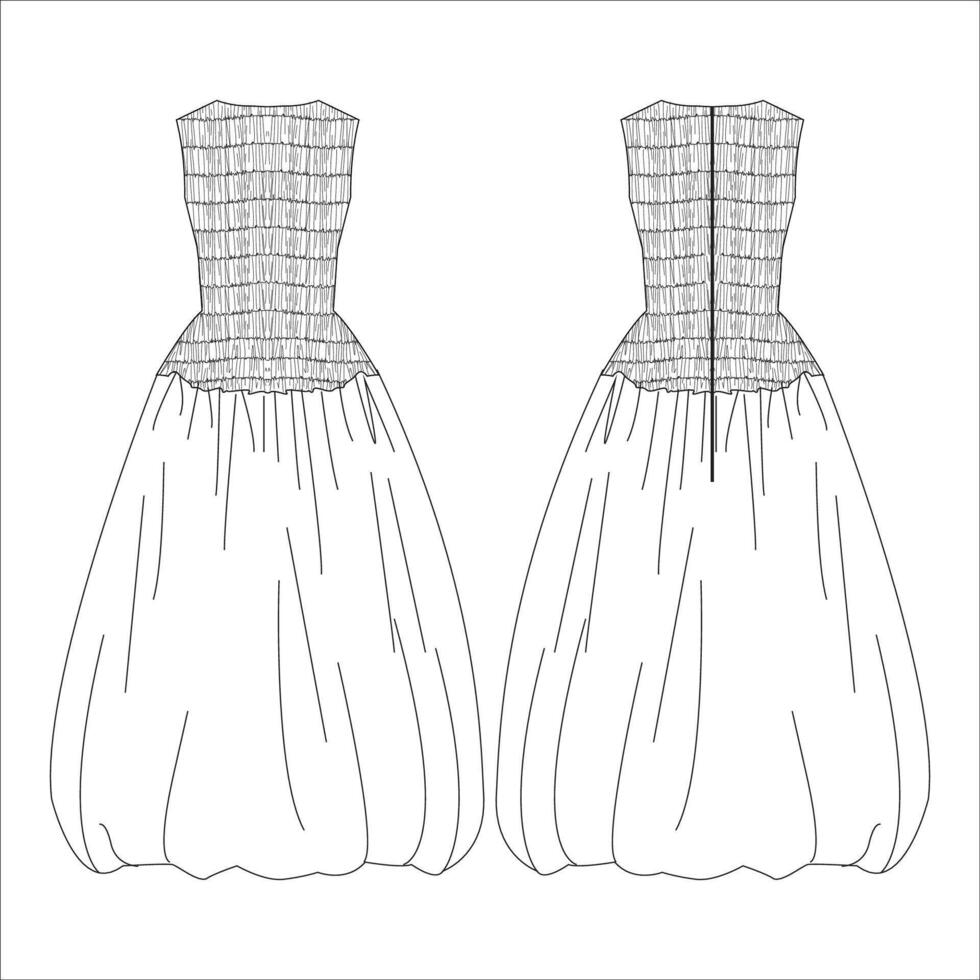 shirred bubble skirt dress flat drawing illustration vector