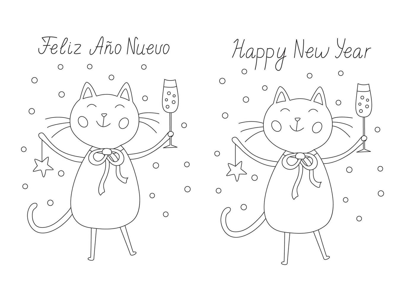 Greeting card with a funny, festive joyful cat holding a glass of champagne. Happy New Year Spanish and English hand drawn lettering, black outline doodle illustration for coloring vector