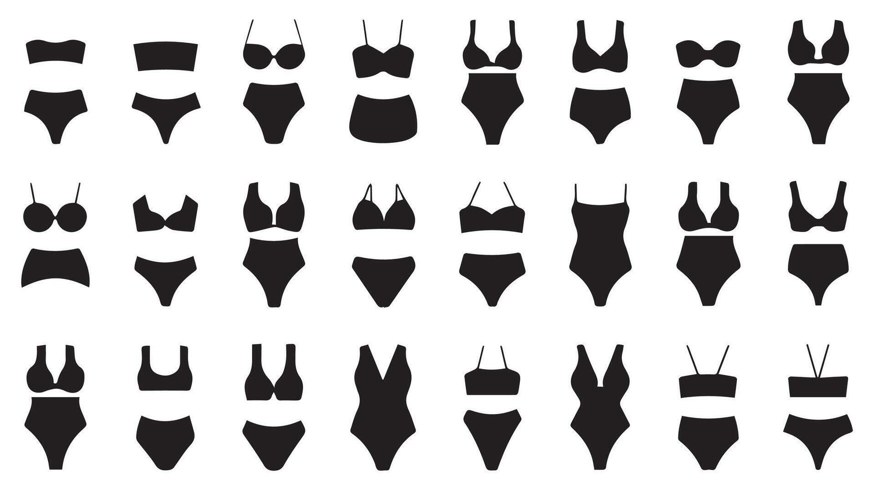 illustration set of silhouettes of modern swimsuits and women s underwear on white background. Bikini set for girls. vector