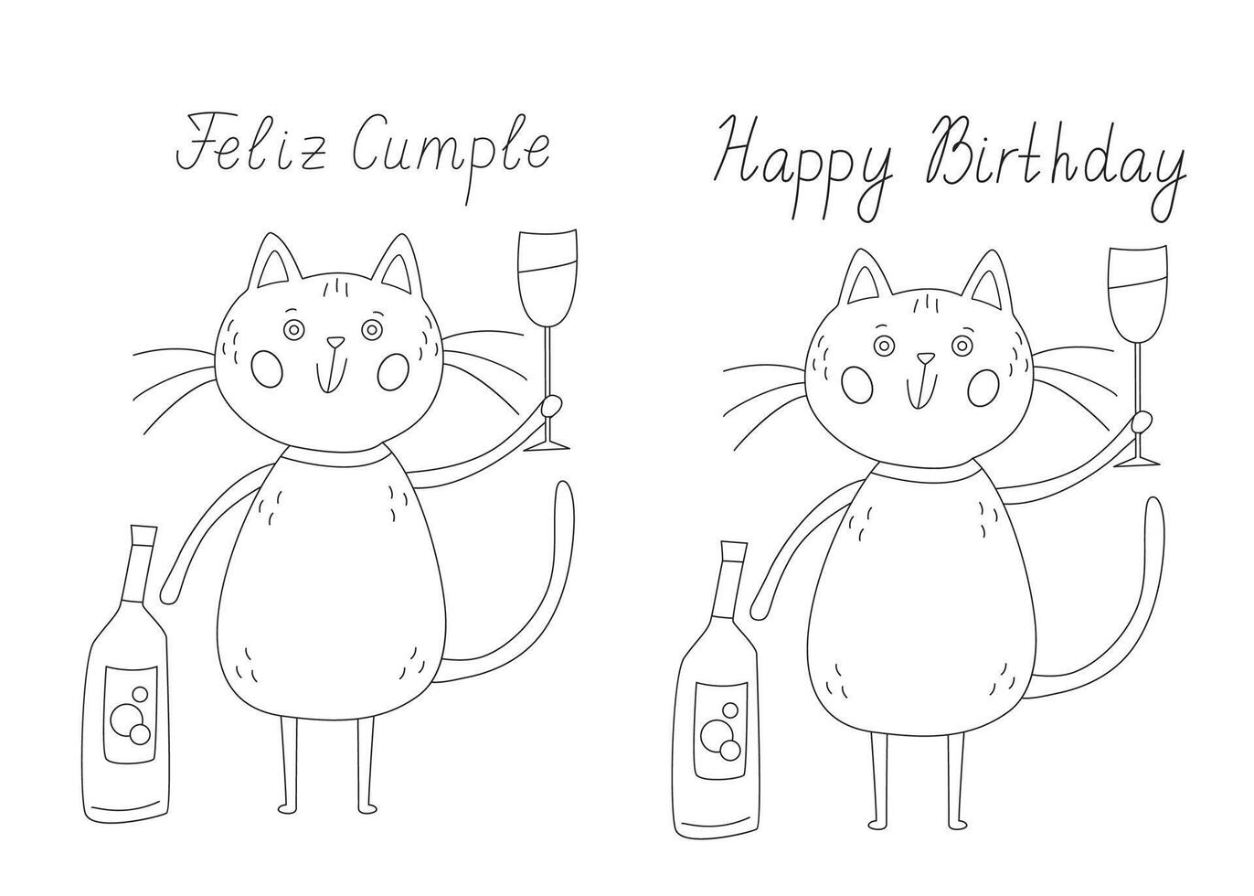 Greeting card featuring a funny cat with a bottle of wine and a glass of wine. Happy Birthday Spanish and English hand drawn lettering, black outline doodle illustration for coloring vector