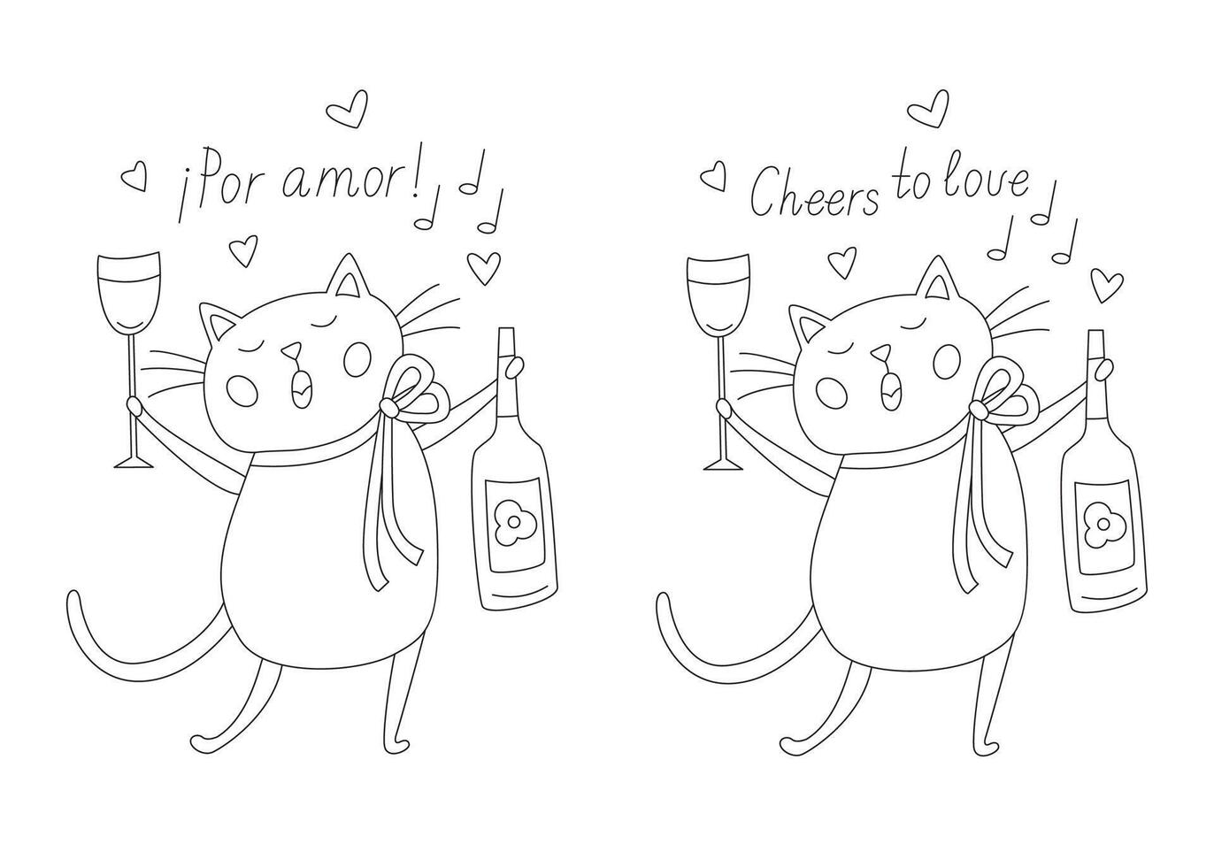 Card with a funny cat holding a bottle of wine and a glass. Cheers to Love in both Spanish and English hand drawn lettering, black outline doodle illustration for coloring and Valentine's day card vector
