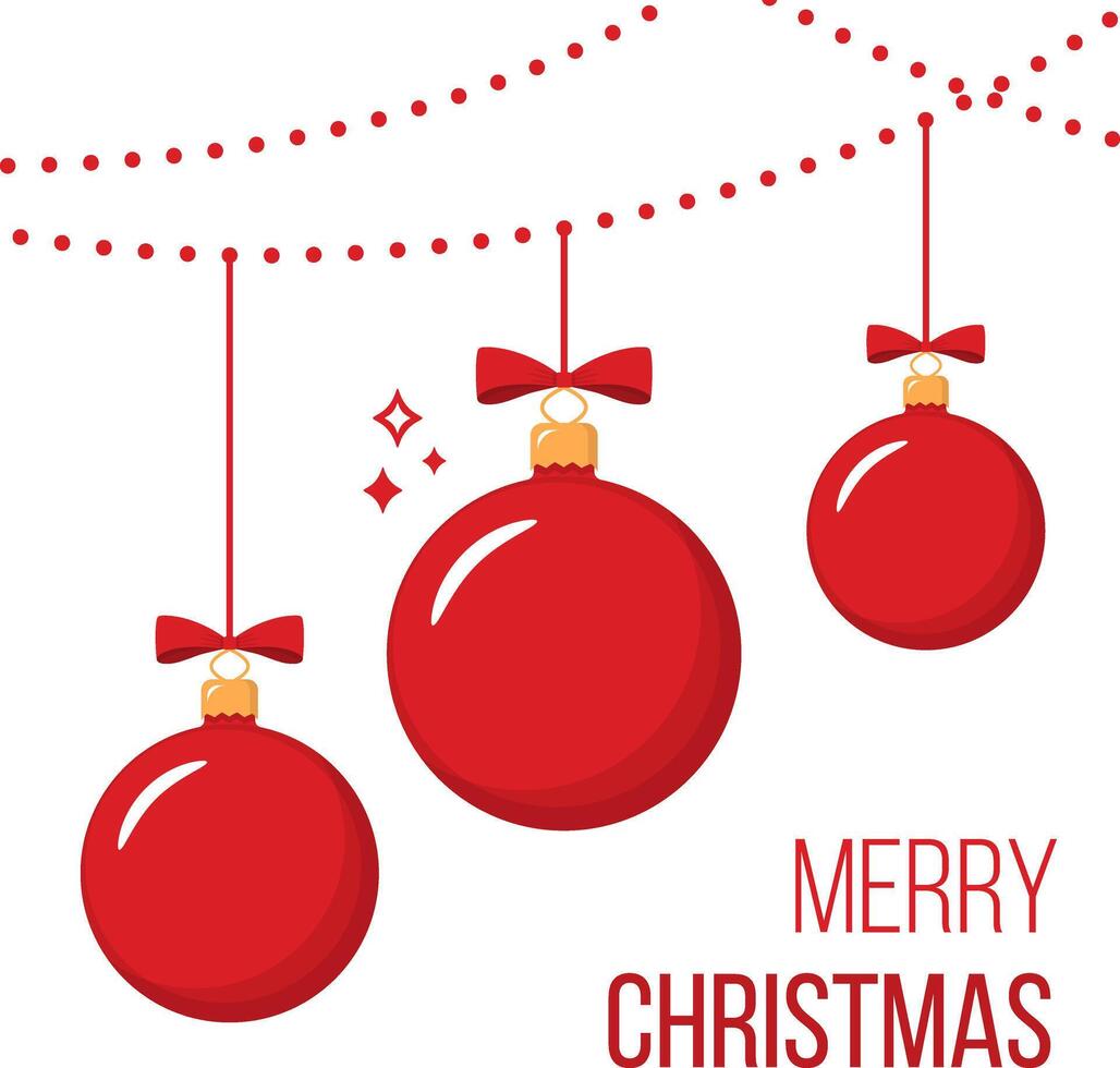 Hanging red Christmas balls merry Christmas greeting card, flat style vector