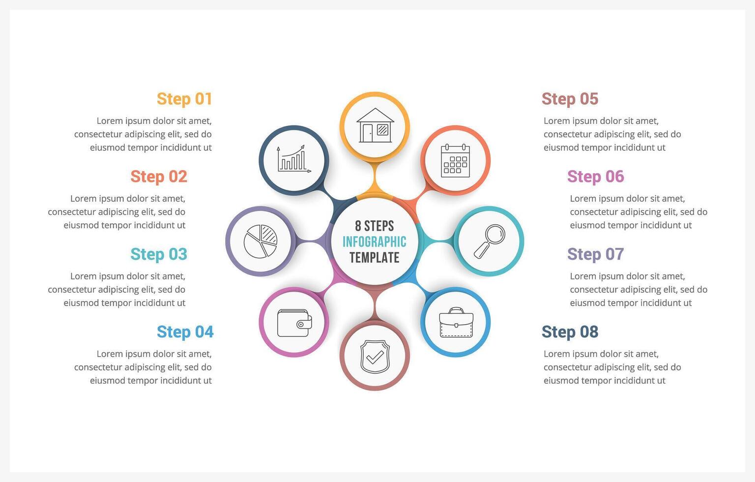 Circle infographics template with eight elements, can be used as process diagram, steps, options vector