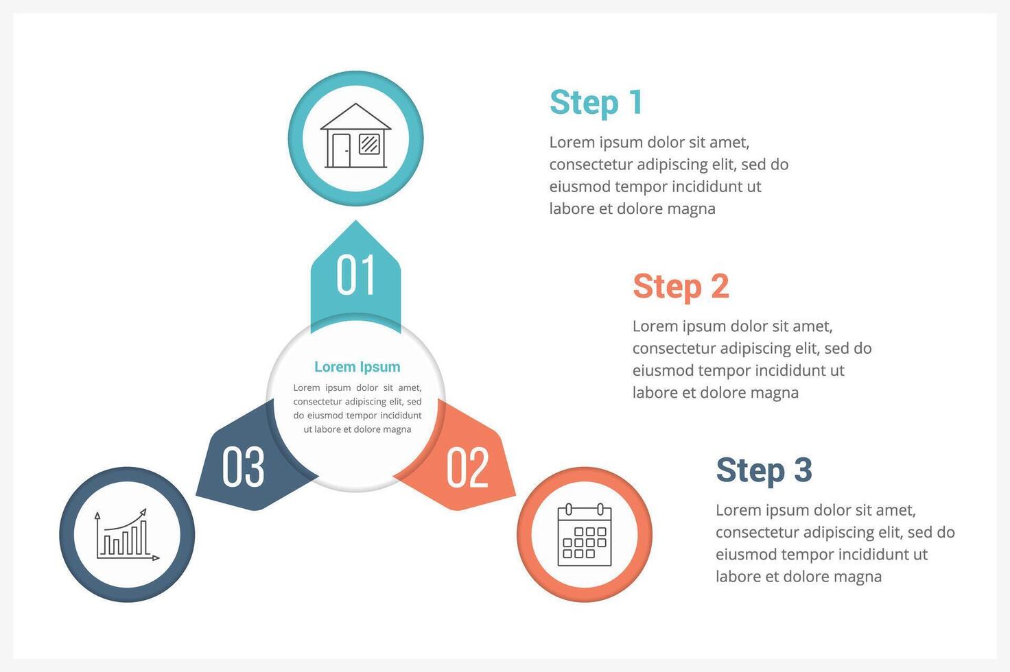 Circle infographics template with three elements, can be used as process diagram, steps, options vector
