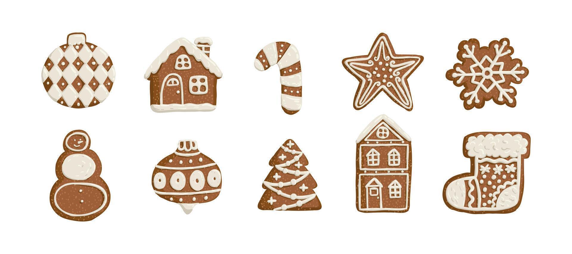 Set of Christmas gingerbread is drawn in a flat style. Holiday, sweets, pastries. Hand drawn illustration. vector