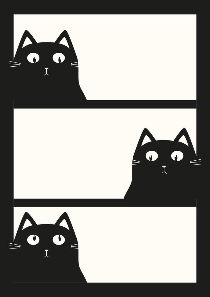 Cat heads peeking out from the corner poster. Black kitten surprised face vector