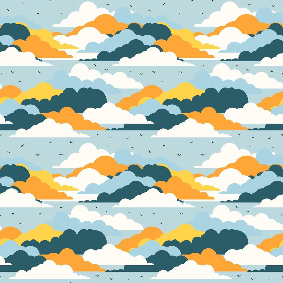 Birds among clouds seamless pattern. Starling among clouds. Swallow flock flies in the sky vector