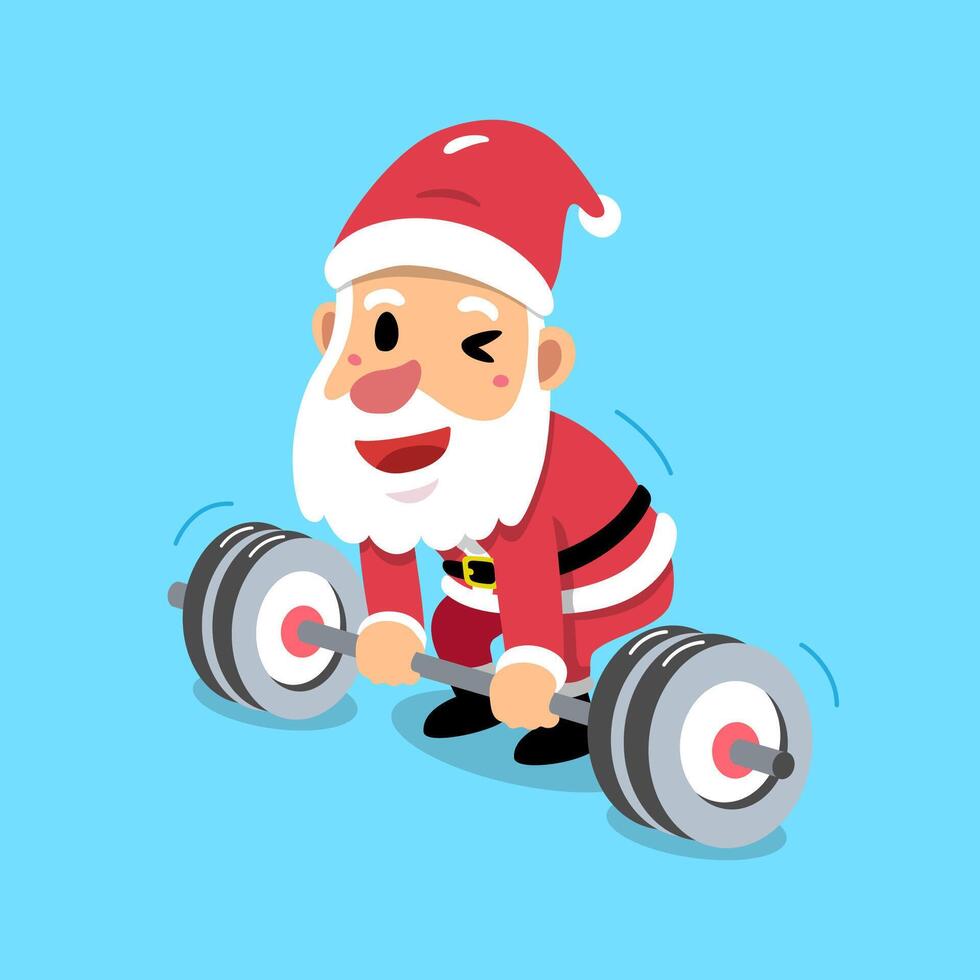 cartoon Santa Claus character doing barbell weight training vector