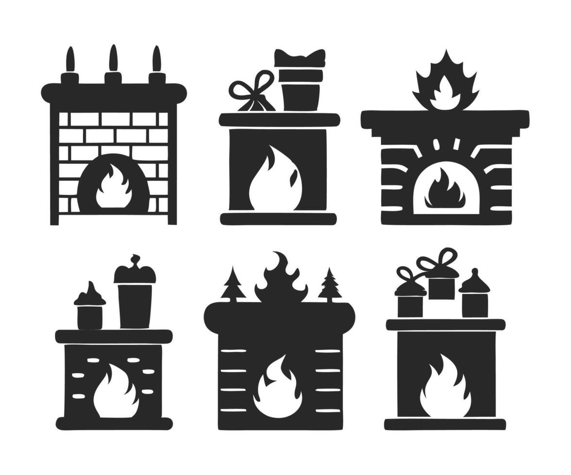 christmas fireplace silhouette icon set for flat design elements vector