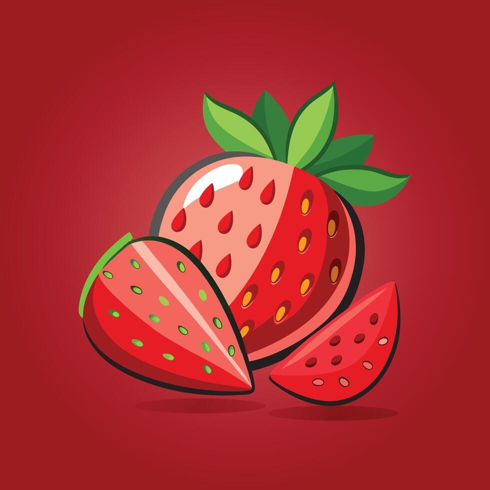 natural strawberries with strawberry leaf and slice illustration for design vector