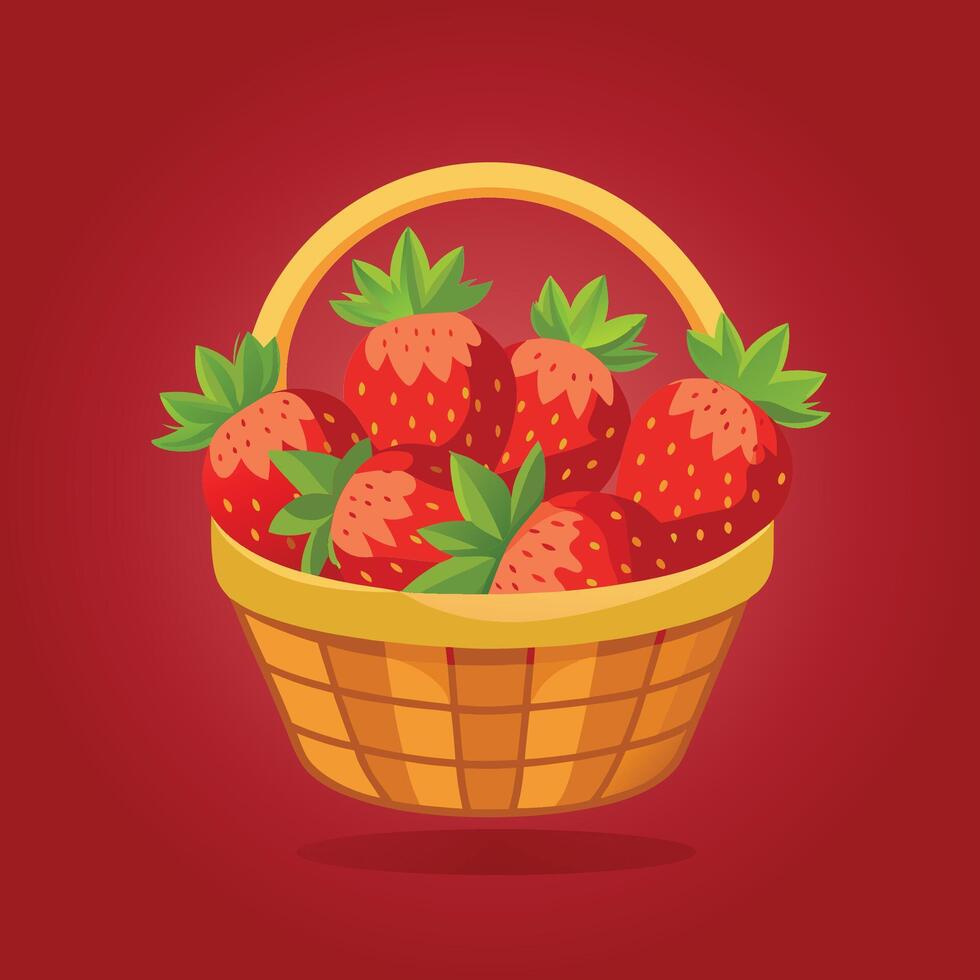 Fresh sweet Strawberry in a wicker basket flat illustration for design vector