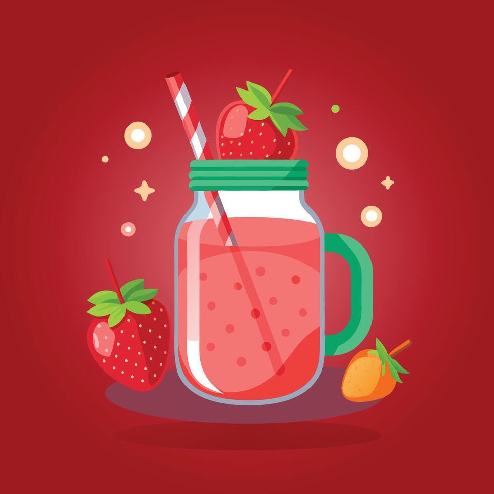Fresh juice Strawberry juice in a glass jar with Strawberry illustration for design vector