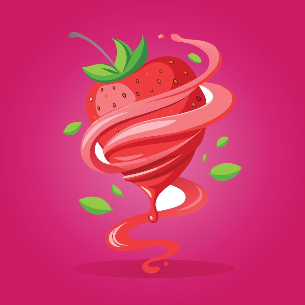 Fresh Strawberry with curve splash in air flat illustration for design vector