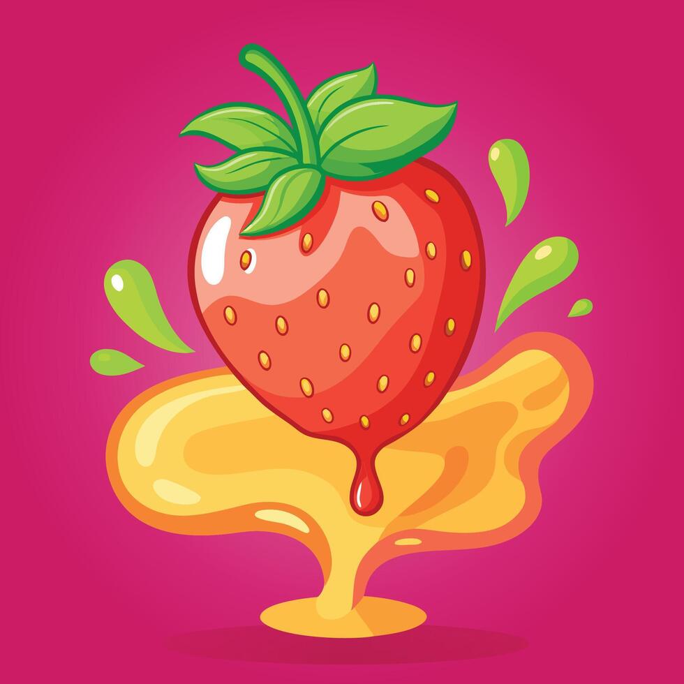 juice red Strawberry with juice splash flat illustration for design vector