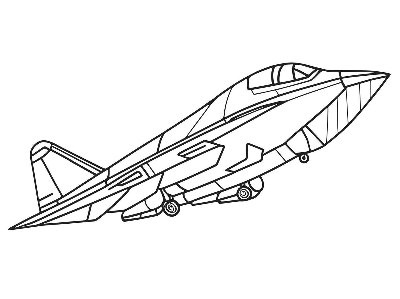 Aircraft Coloring Page. Cartoon Jet Fighter Outline Design. Military Airplane Isolated on White Background vector