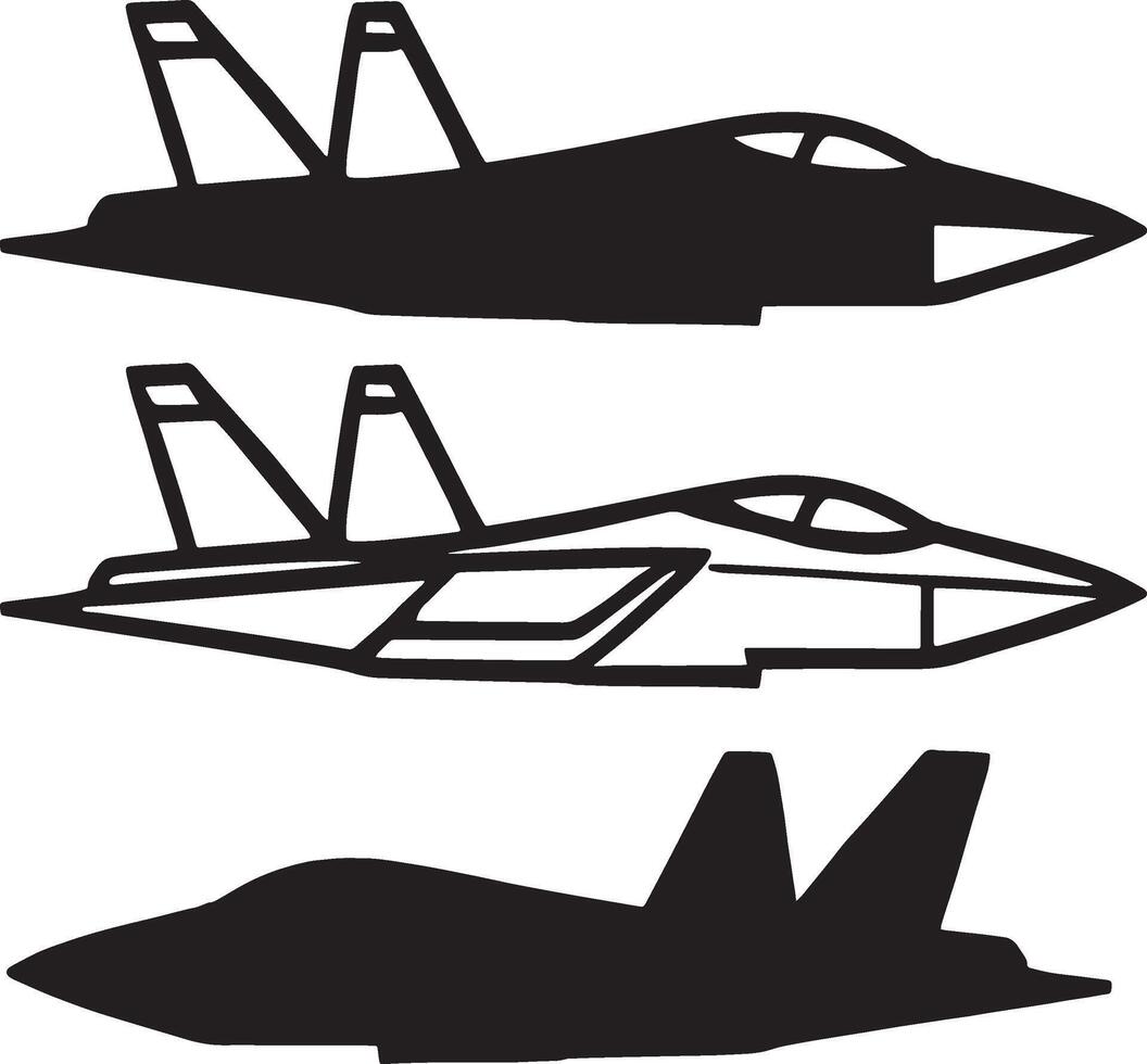 Set of 3 military jet fighter silhouettes black vector