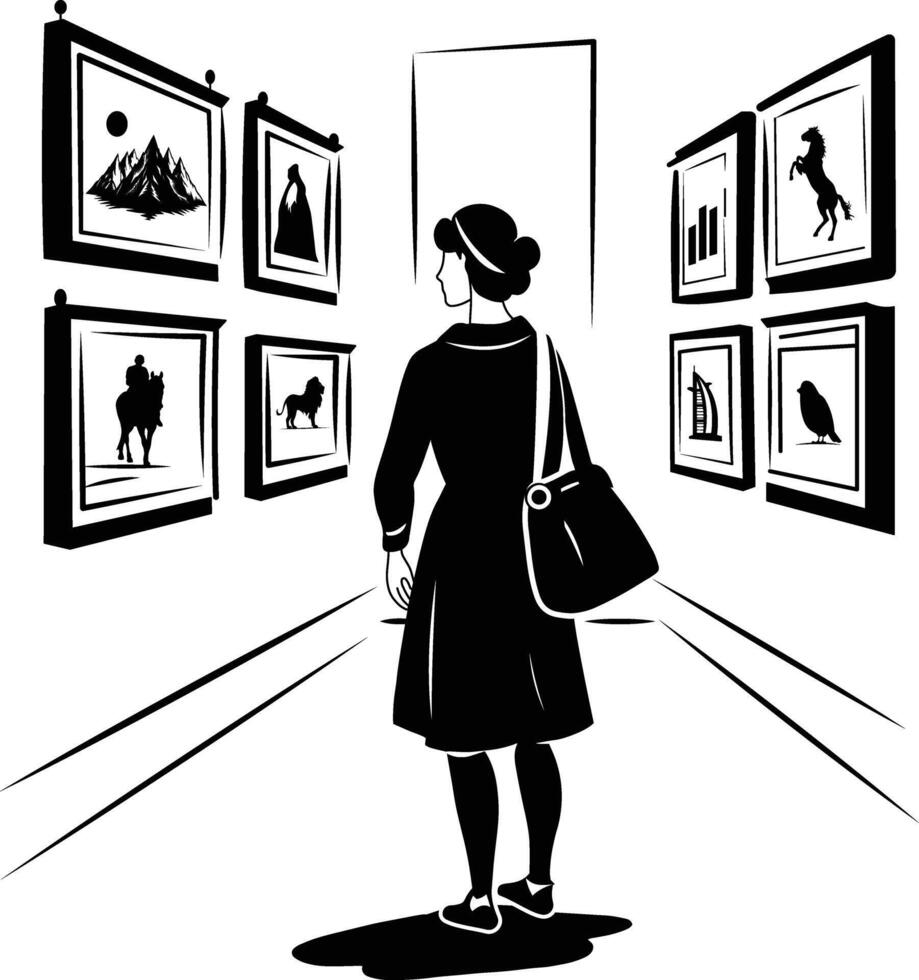 A woman standing in an art exhibition gallery, glyph illustration vector