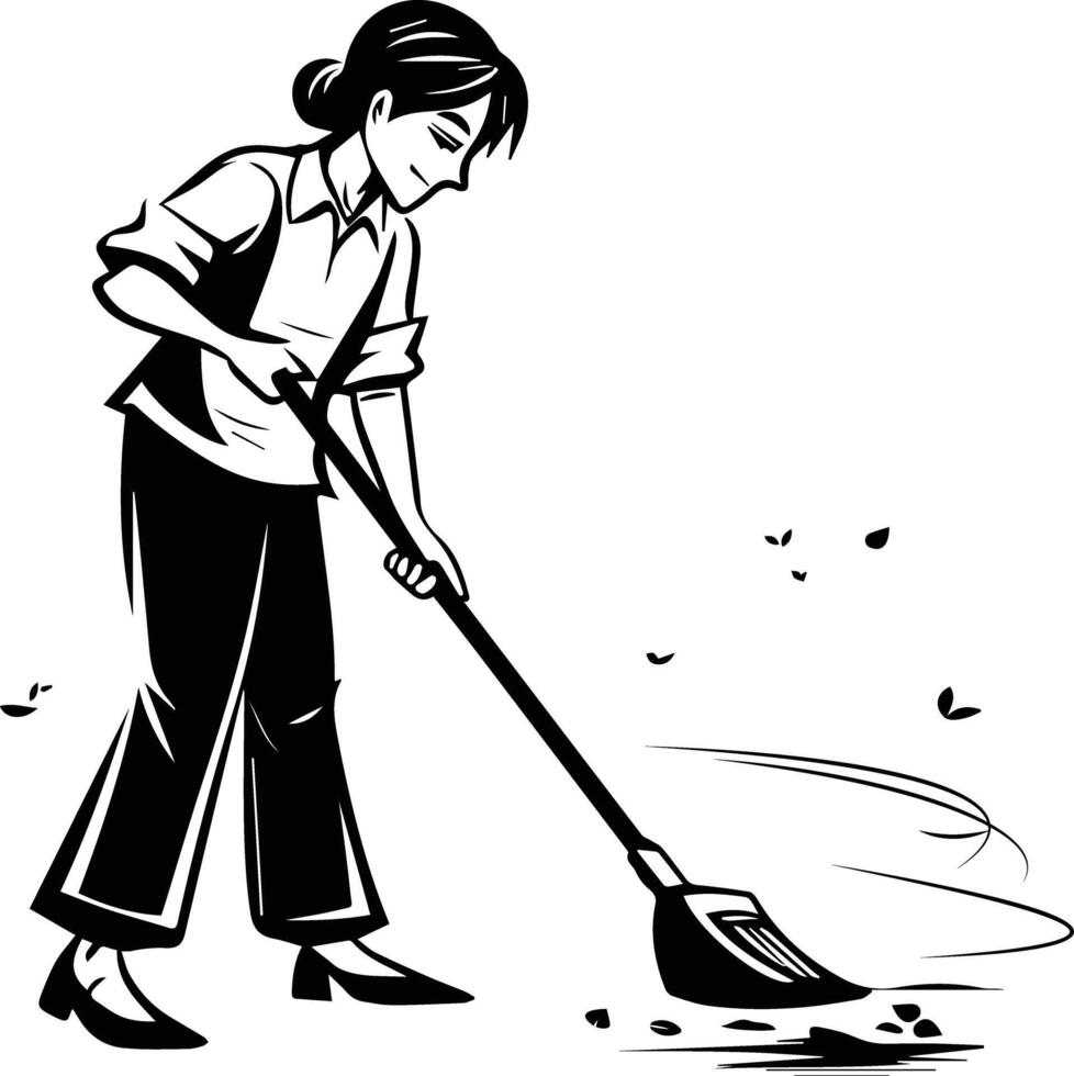A hand drawn illustration of maid sweeping the floor vector