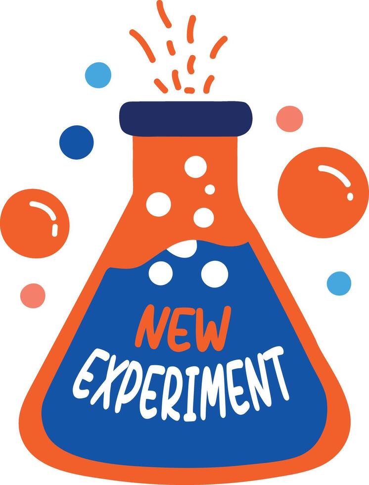 A flat sticker of a flask with new experiment typography vector