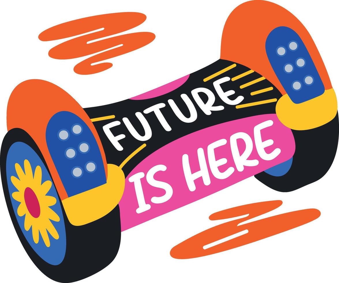 A flat sticker of a hoverboard with future is here typography vector