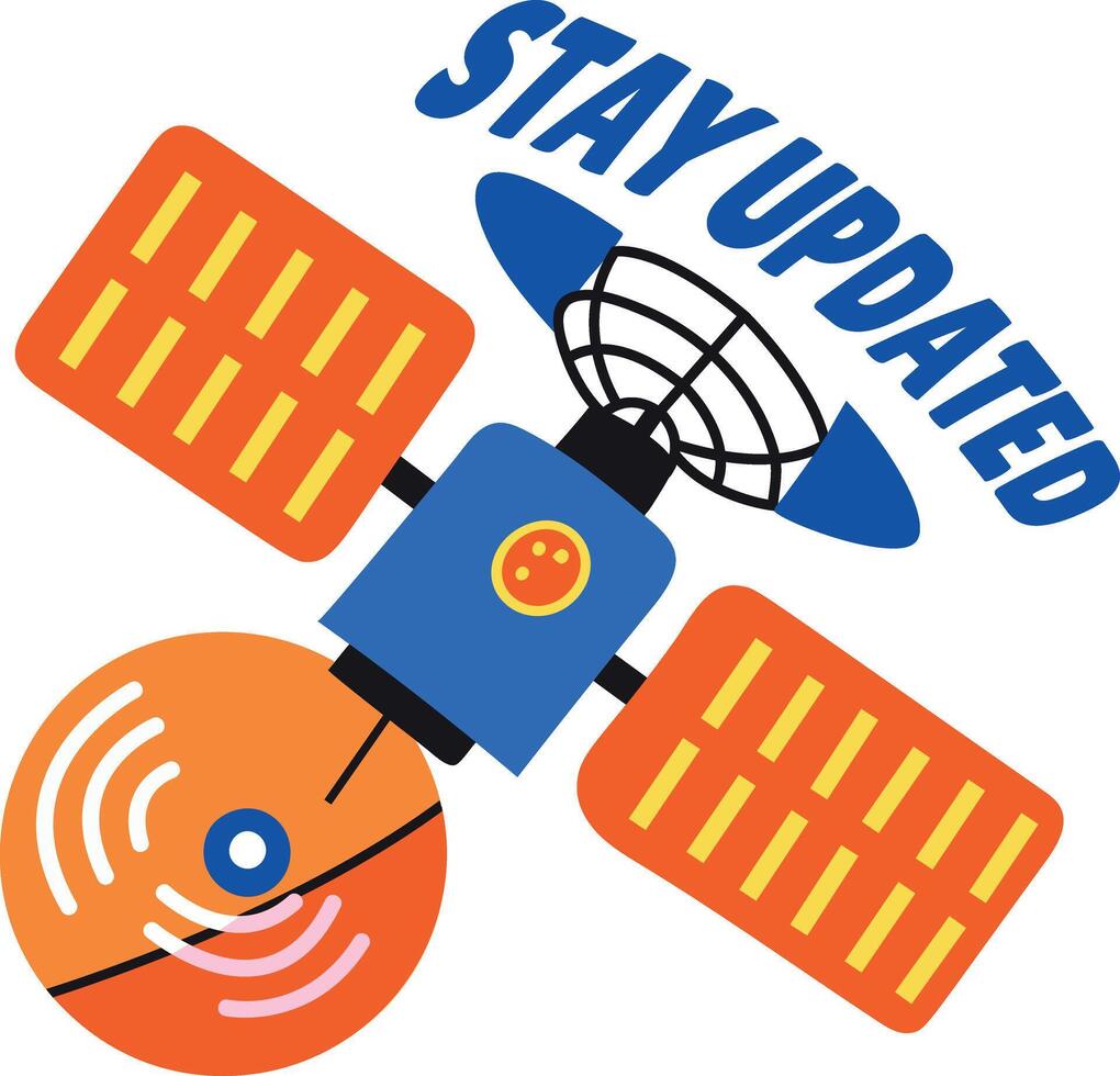 A flat sticker of a satellite with stay updated typography vector