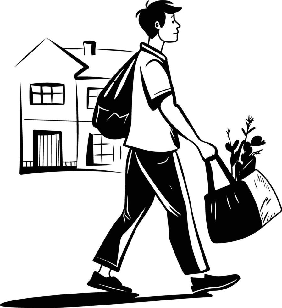 Hand drawn illustration depicting a walking man holding a grocery shopping bag vector