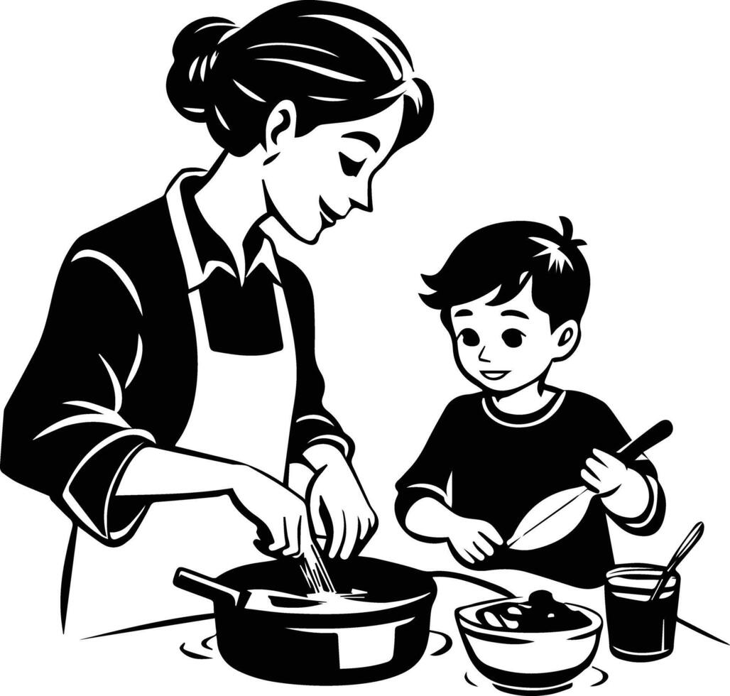 A glyph illustration showing mother and child cooking together vector
