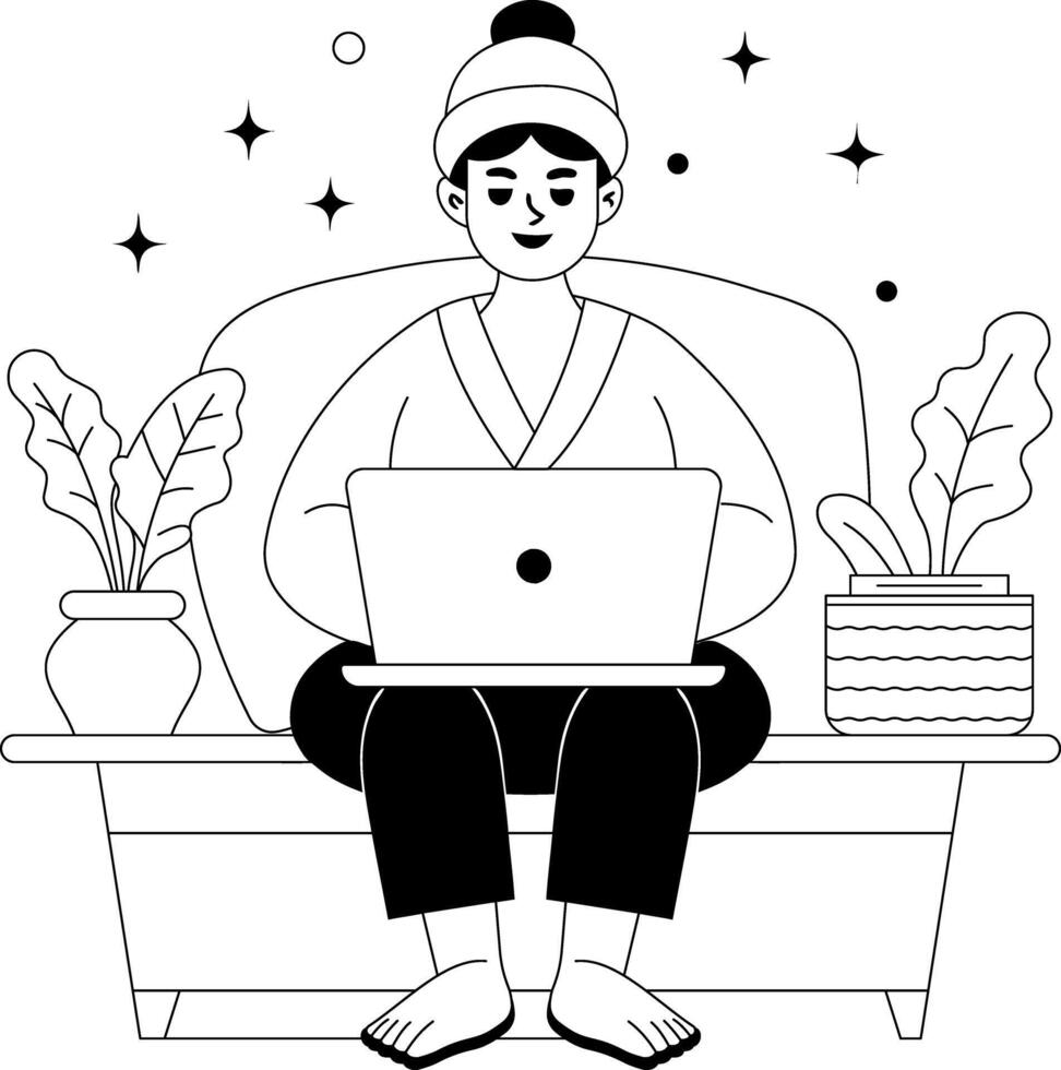 A hand drawn illustration of a woman doing remote work from home vector