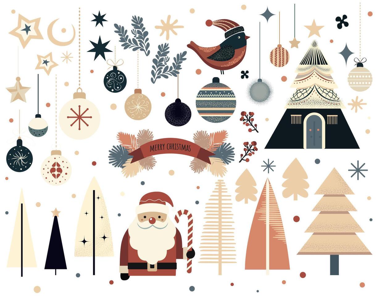 retro flat set of christmas decor elements in minimalistic style. simple vintage group with xmas details vector