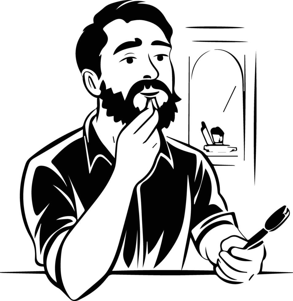 Man shaving his beard, hand drawn illustration vector