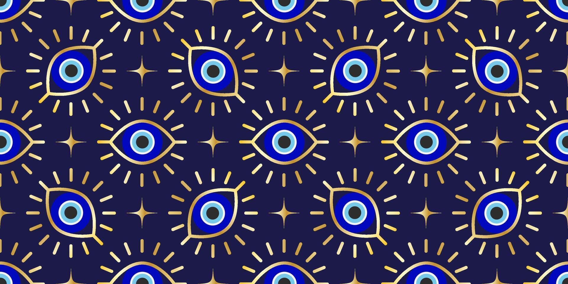 Evil eye seamless pattern. Turkish background with blue beads and magic nazar. Mystic Greek amulet is the symbol of protection and luck. Arabic and Mediterranean ethnic wallpaper vector