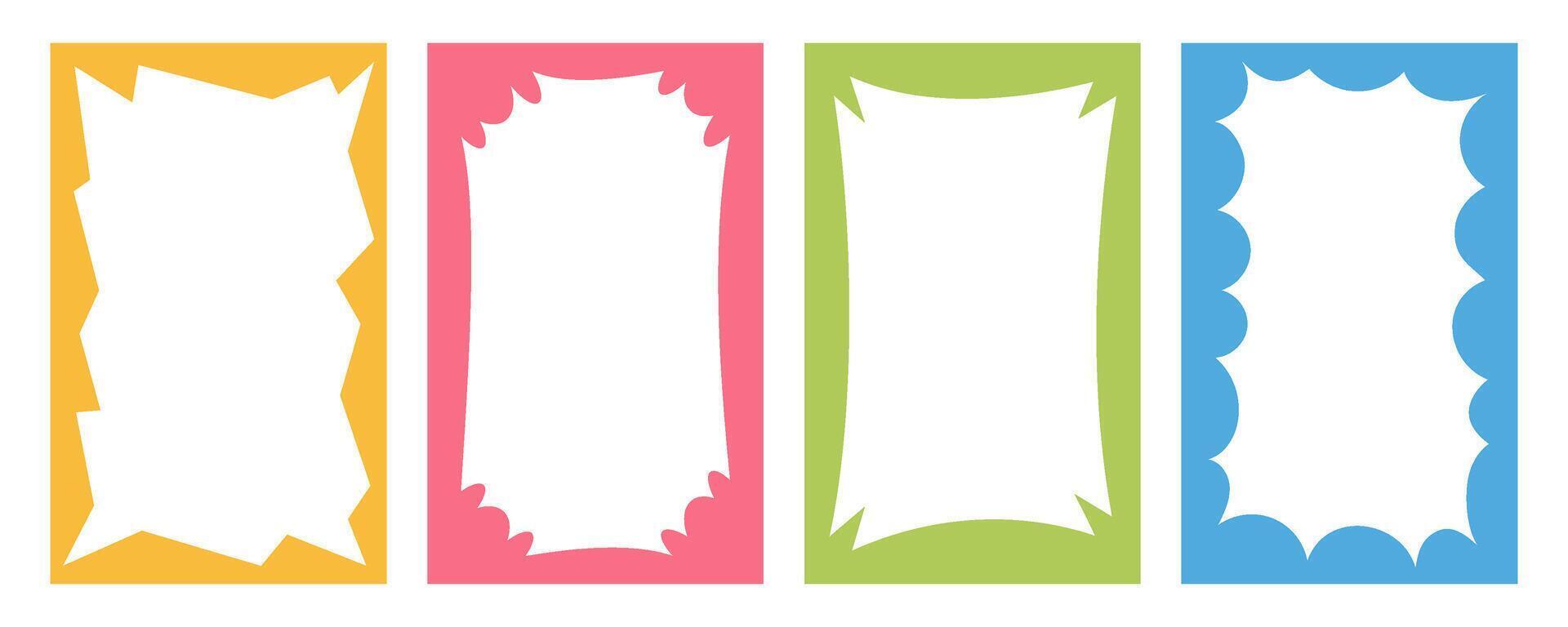 Wavy border frame. Scalloped rectangle fun shape. Hand drawn kids box for picture and photo. Cartoon doodle abstract color template with wiggle edge. Curvy Y2K decoration. vector