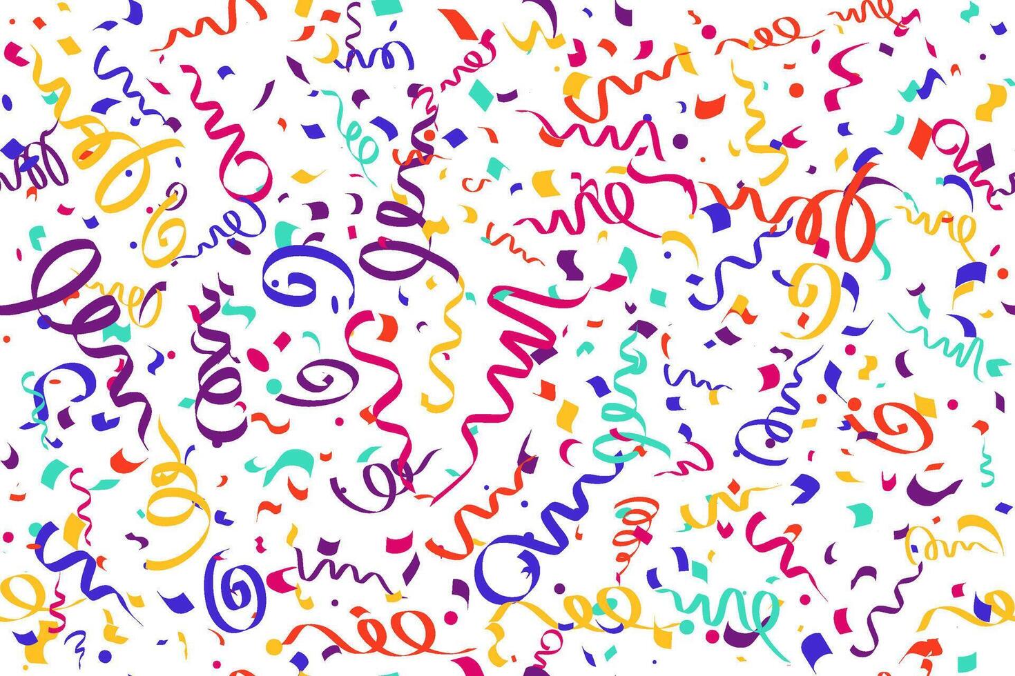 Confetti seamless background for birthday party celebration and carnival decoration. Colored ribbons of serpentine falling and firework explosion. Flat illustration vector