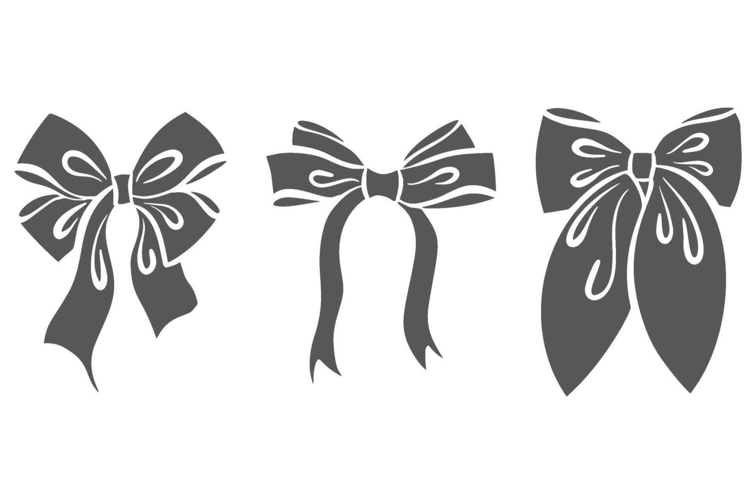Ribbon bow with knot for gift and hair. Icons and doodle black silhouette. Hand drawn flat design for birthday and Christmas holidays presents decoration. Fashion elements accessories. vector